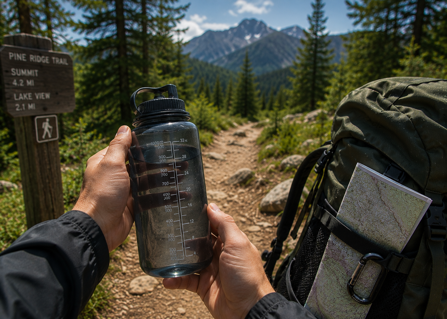 Hiker carrying a water bottle and backpack on a mountain trail