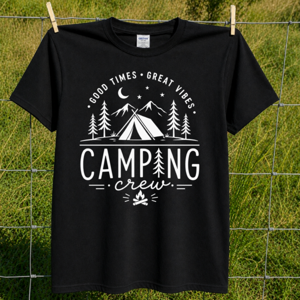 Camping Crew shirt with mountain, tent, pine trees and campfire design for outdoor adventure lovers
