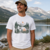 Camping ghost shirt with campfire, mountain lake, and spooky outdoor adventure graphic