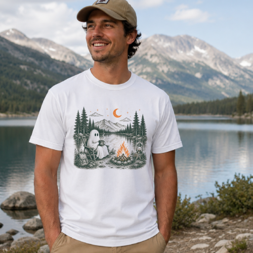 camping-ghost-shirt-spooky-outdoor-adventure Camping ghost shirt with campfire, mountain lake, and spooky outdoor adventure graphic