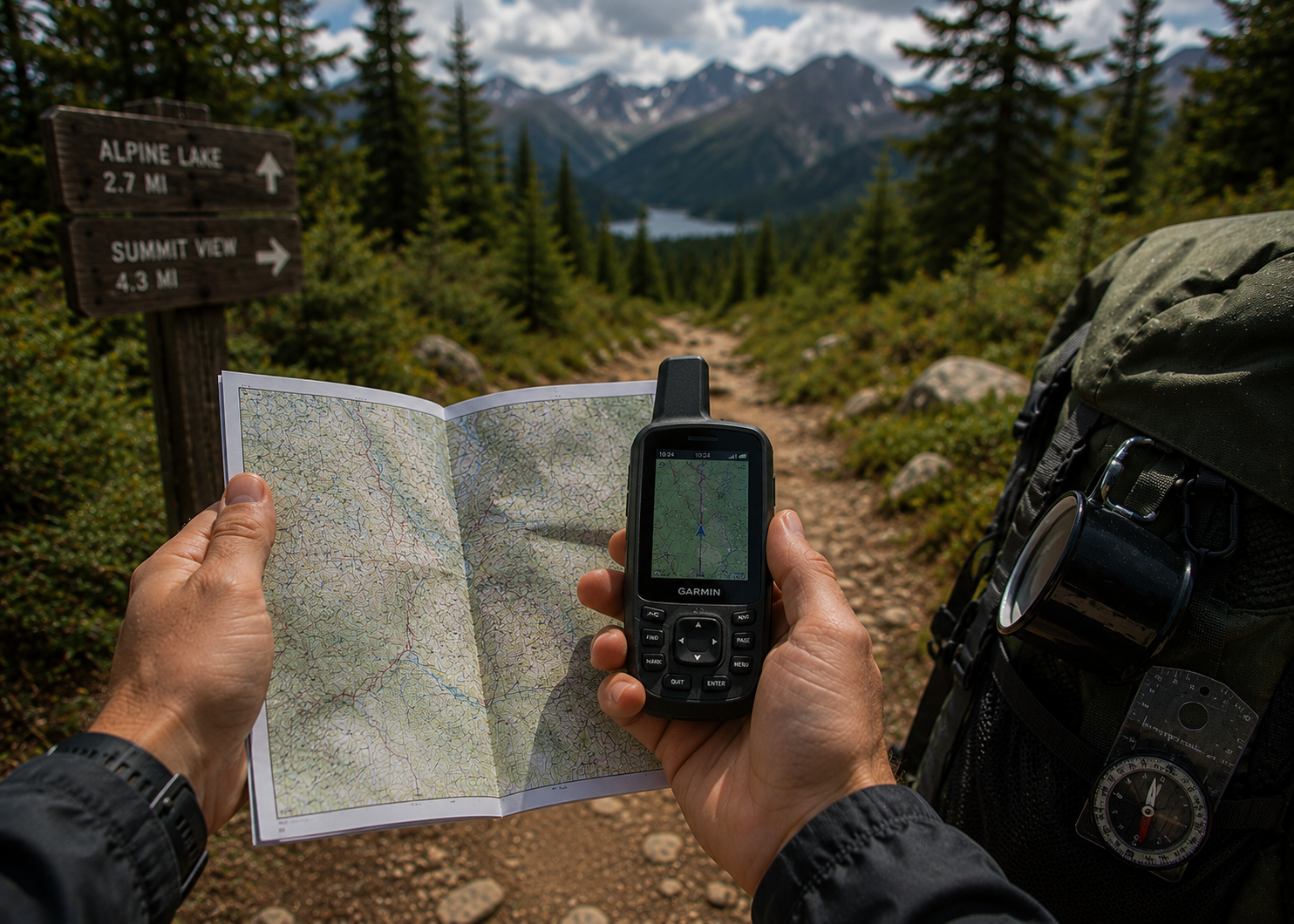 Hiker using a map and compass for navigation on a hiking trail