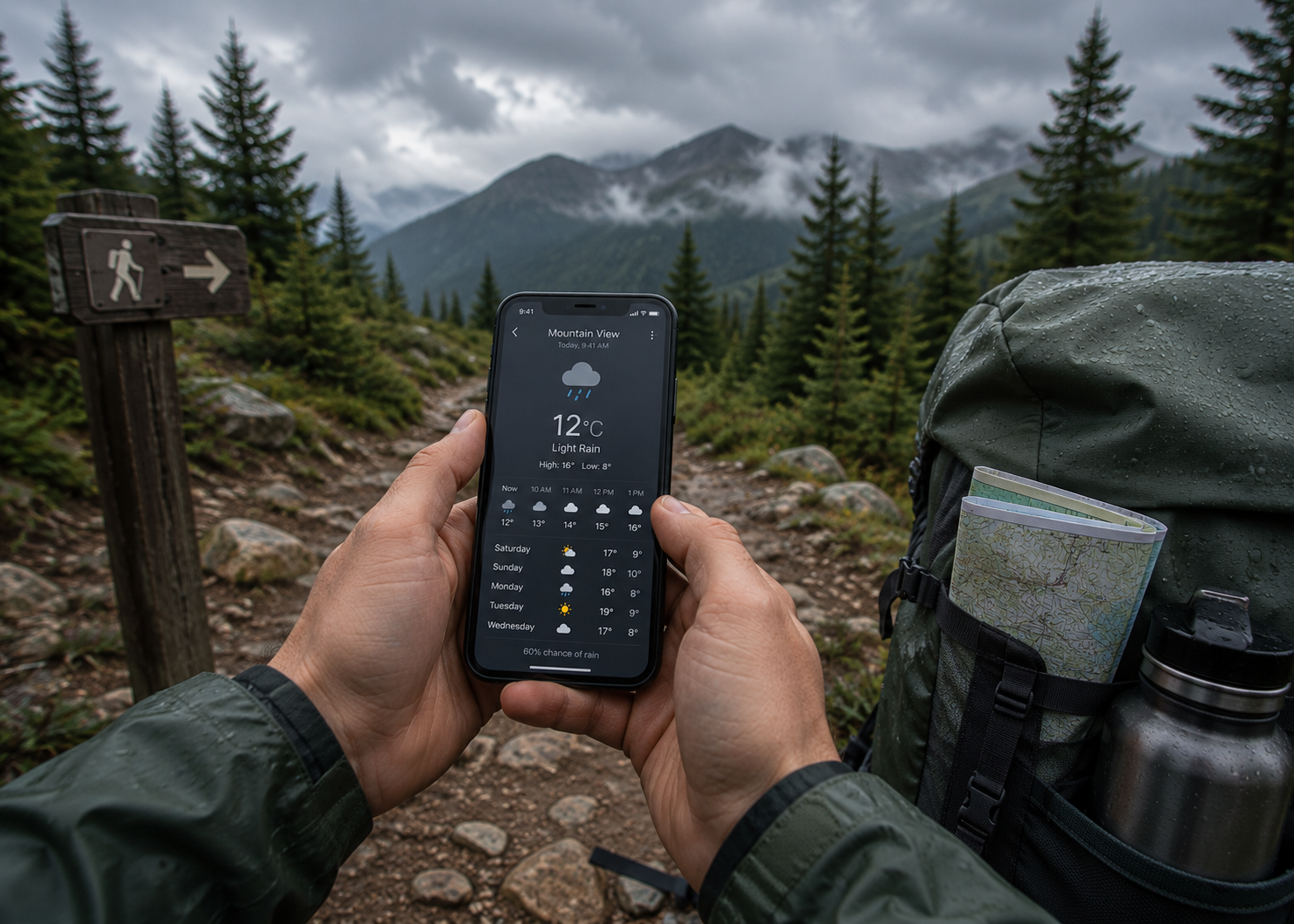 Hiker checking the weather forecast before a mountain hike