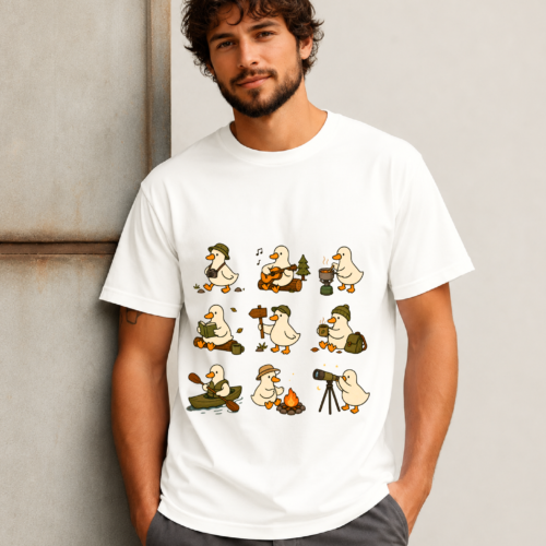 Cute goose camping shirt featuring geese hiking, kayaking, playing guitar and relaxing by a campfire cute-goose-camping-shirt-outdoor-adventure