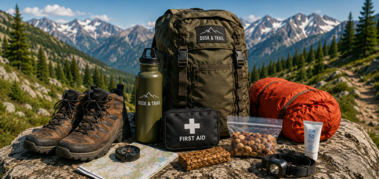 Essential day hike gear including a backpack, hiking boots, water bottle, first aid kit, map, snacks, rain jacket, sunscreen and headlamp on a mountain trail