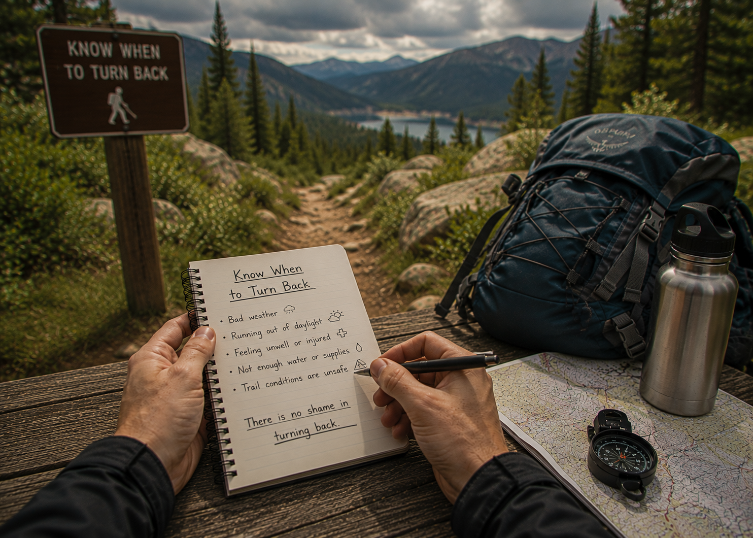 Hiker turning back on a mountain trail as weather conditions change