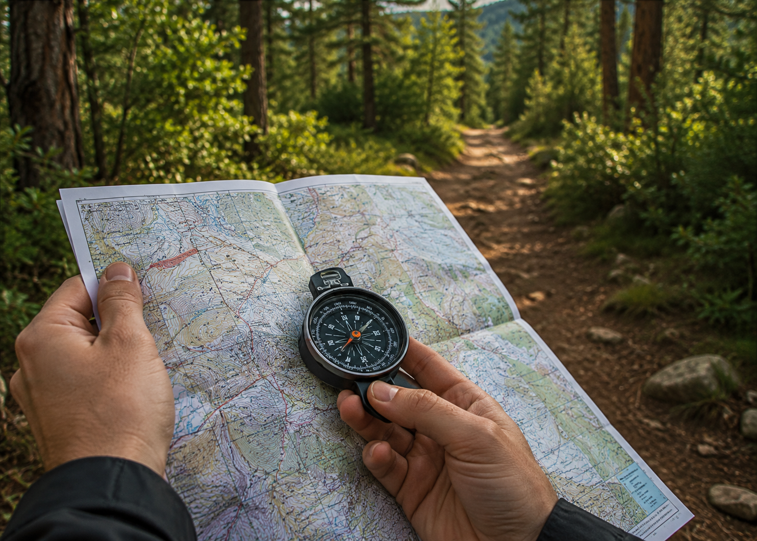 Hiker checking a trail map before starting a mountain hike