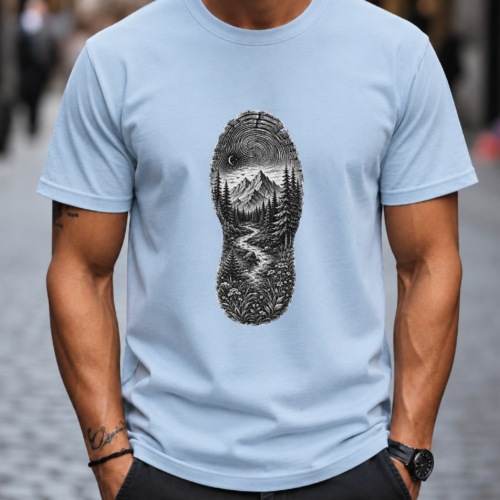 hiking shirt with mountain footprint design featuring pine trees, trail, mountains, moon and wildflowers mountain-footprint-hiking-shirt-outdoor-adventure