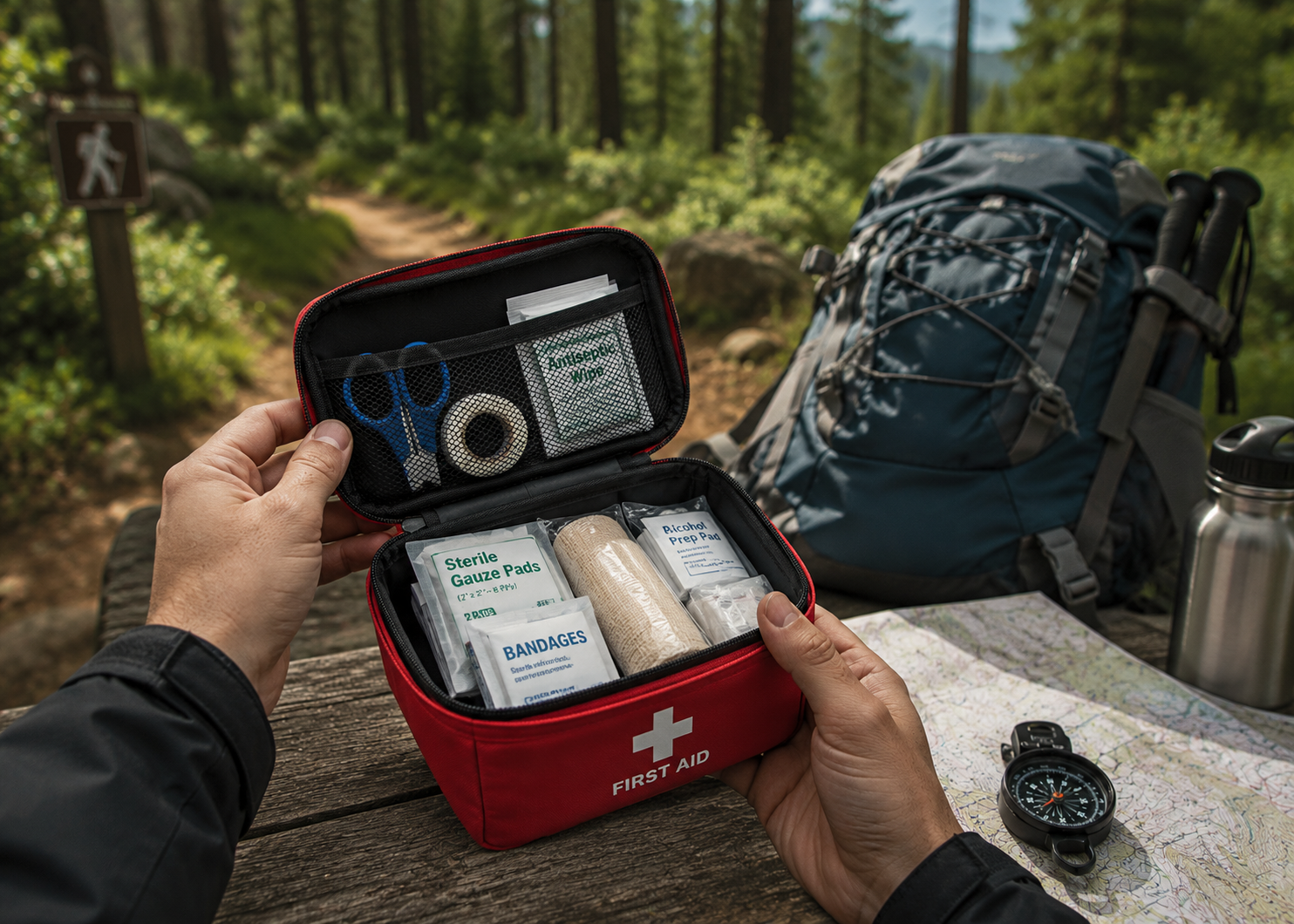 Hiking backpack with a basic first-aid kit and outdoor essentials