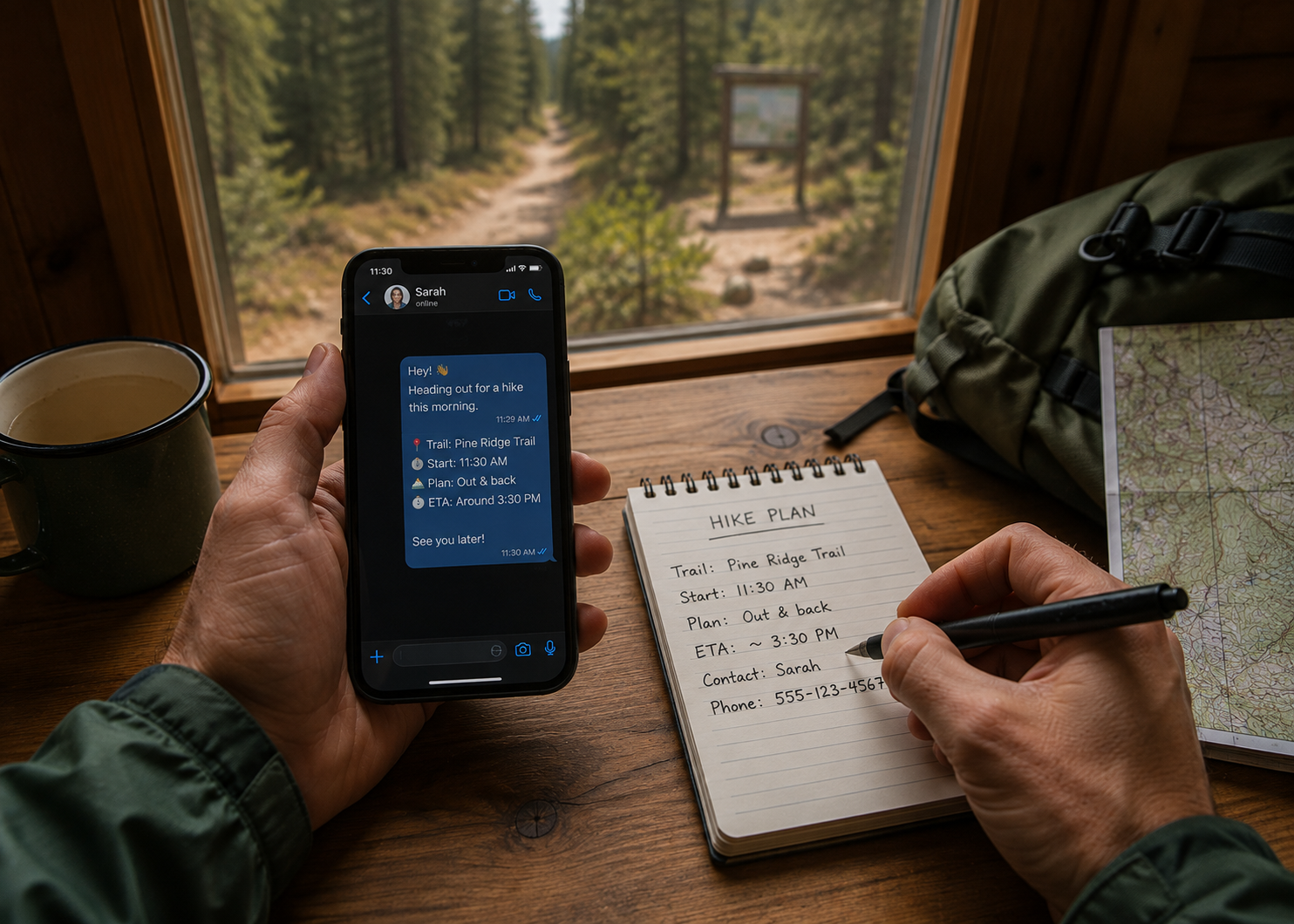 Hiker sharing hiking plans before heading onto a trail