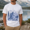 Raccoon hiking shirt featuring a backpack, trekking pole, mountains, pine trees and lake raccoon-hiking-shirt-outdoor-adventure-gift