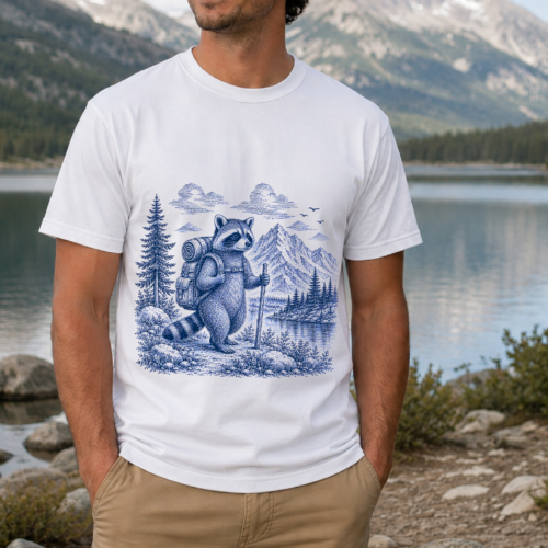 Raccoon hiking shirt featuring a backpack, trekking pole, mountains, pine trees and lake raccoon-hiking-shirt-outdoor-adventure-gift