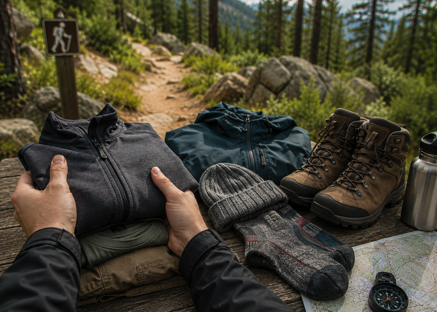 Hiker wearing suitable outdoor clothing and hiking boots on a trail