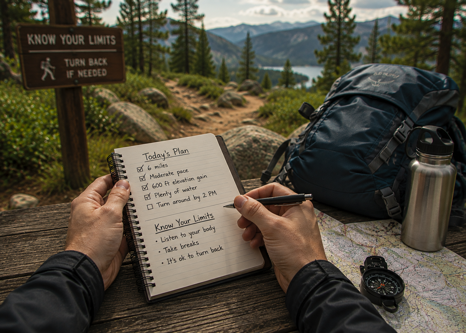 Beginner hiker taking a break on a mountain trail