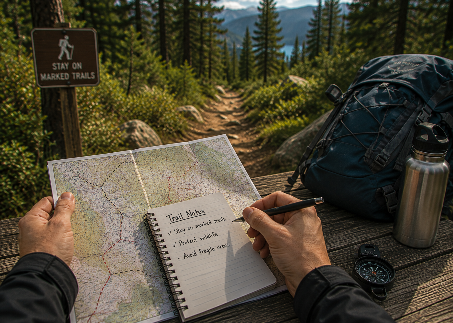 Hiker following a marked trail through a forest