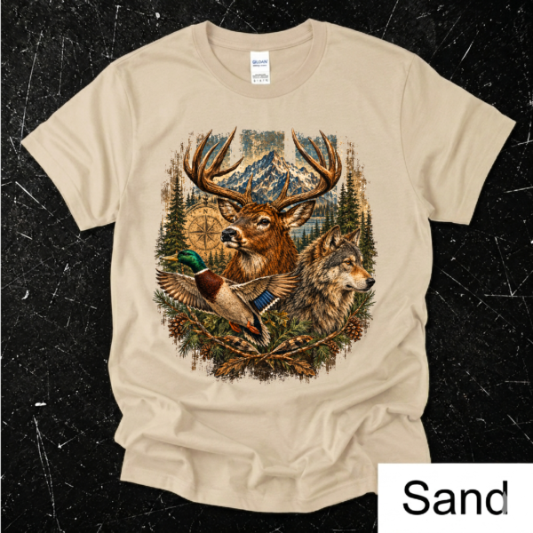Artboard 25 Wildlife Adventure T-Shirt – Deer, Wolf & Duck Vintage Outdoor Graphic Tee