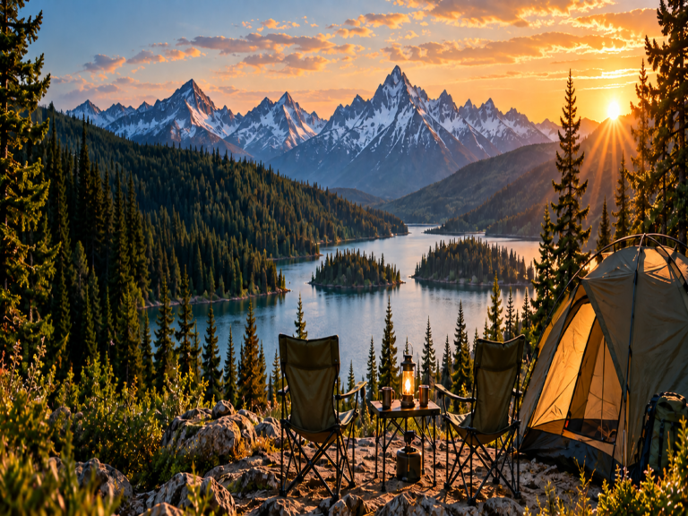 Camping tent and chairs overlooking a mountain lake at sunset for a weekend camping trip