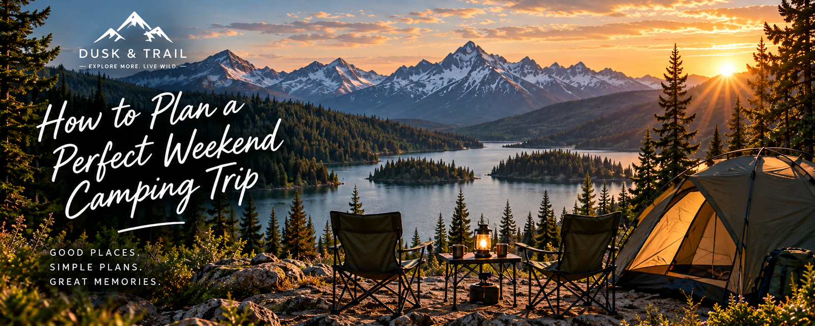 Camping tent and chairs overlooking a mountain lake at sunset for a weekend camping trip