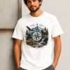 White adventure t-shirt with mountain compass bear eagle and wilderness graphic