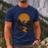 mountain river adventure t-shirt with forest, mountain and sun graphic