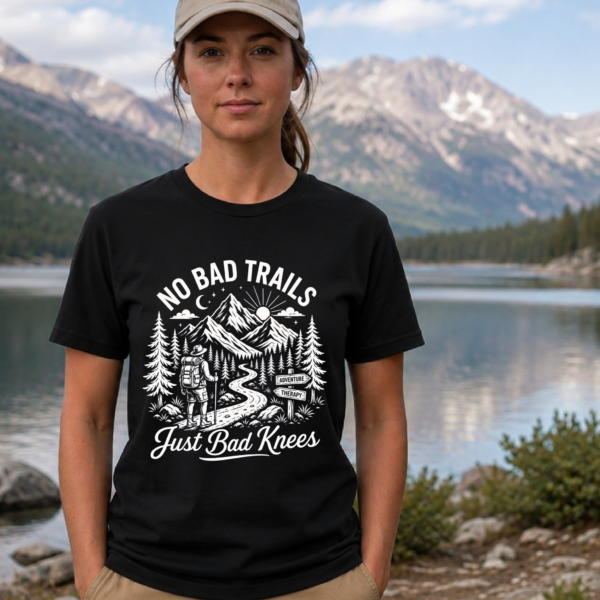 No Bad Trails Just Bad Knees funny hiking shirt with mountain and trail adventure graphic