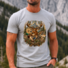 wildlife-deer-wolf-duck-outdoor-adventure-t-shirt Gray wildlife t-shirt with deer wolf duck and mountain outdoor graphic