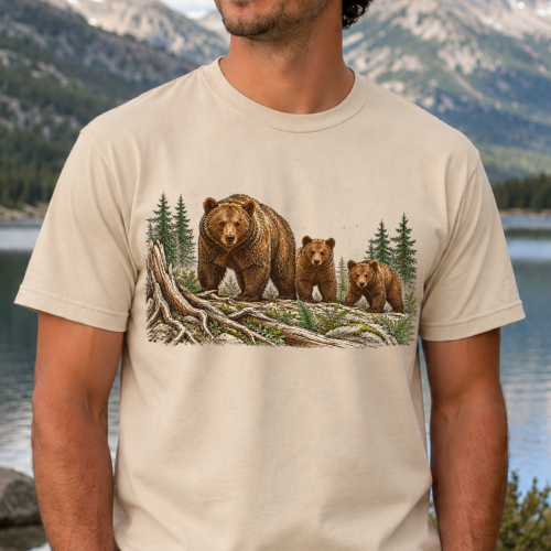 t-shirt featuring a mother bear and two cubs in a detailed forest wildlife illustration
