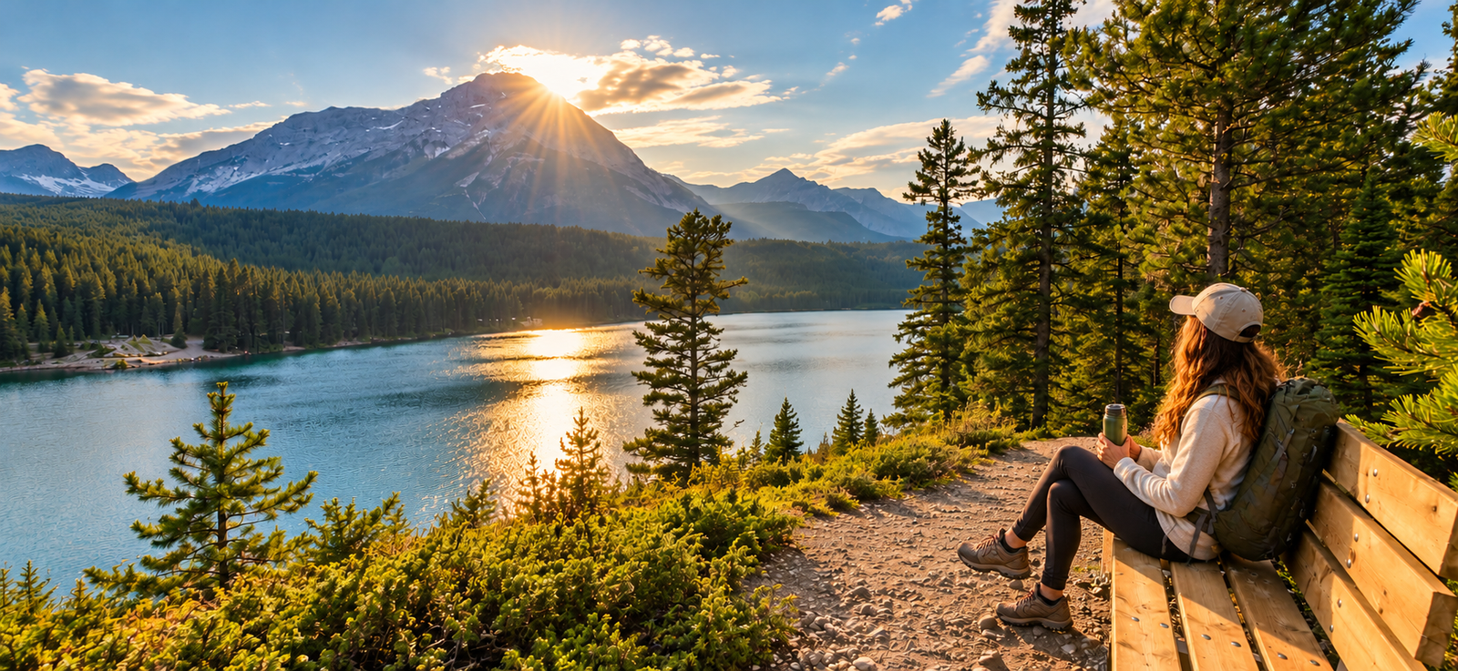 Enjoying coffee outdoors beside a scenic hiking trail