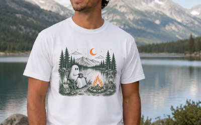 Camping ghost shirt with campfire, mountain lake, and spooky outdoor adventure graphic