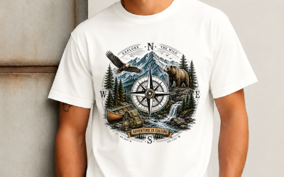 White adventure t-shirt with mountain compass bear eagle and wilderness graphic