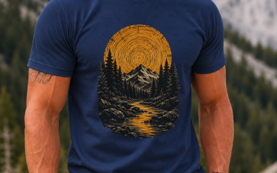 mountain river adventure t-shirt with forest, mountain and sun graphic